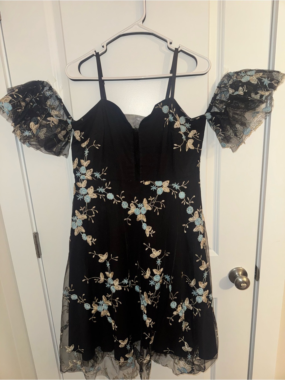 Black Floral Off-Shoulder A-Line Dress with Lace Sleeves